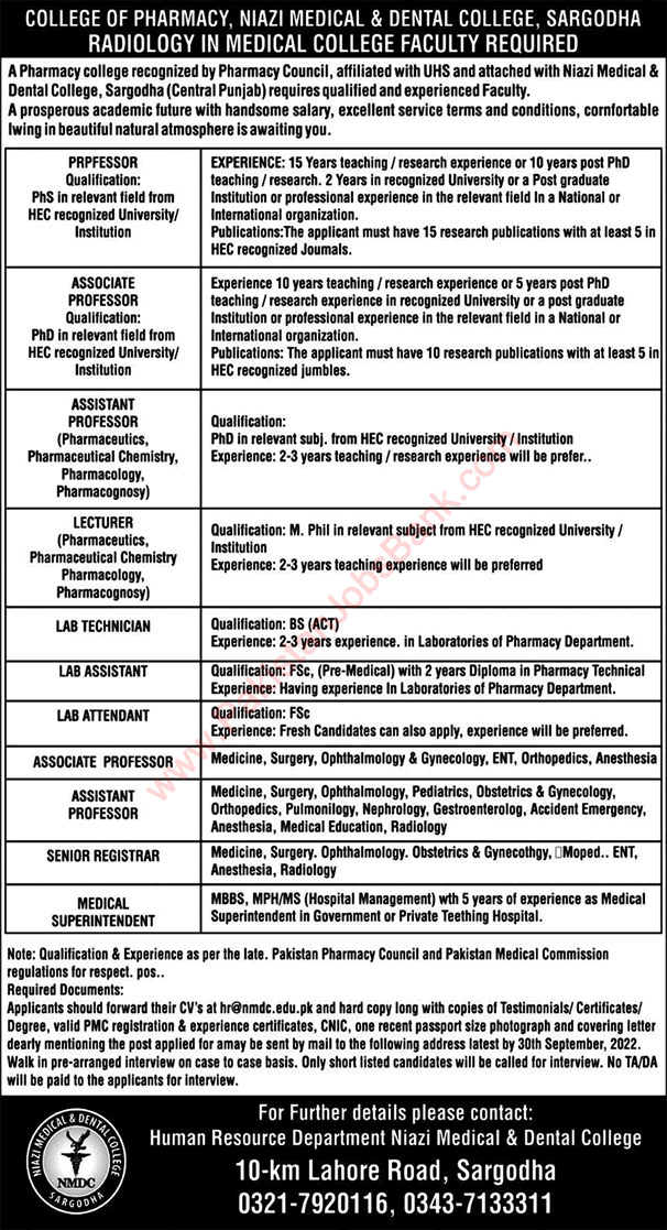 Niazi Medical and Dental College Sargodha Jobs September 2022 Teaching Faculty & Others Latest