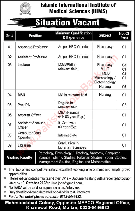 Islamic International Institute of Medical Sciences Multan Jobs 2022 September IIIMS Visiting Faculty & Others Latest