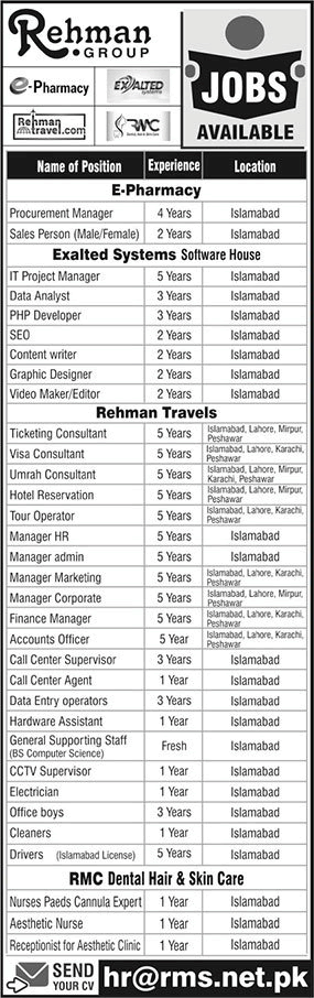 Rehman Group Pakistan Jobs 2022 September Rehman Travels Data Entry Operators & Others Latest