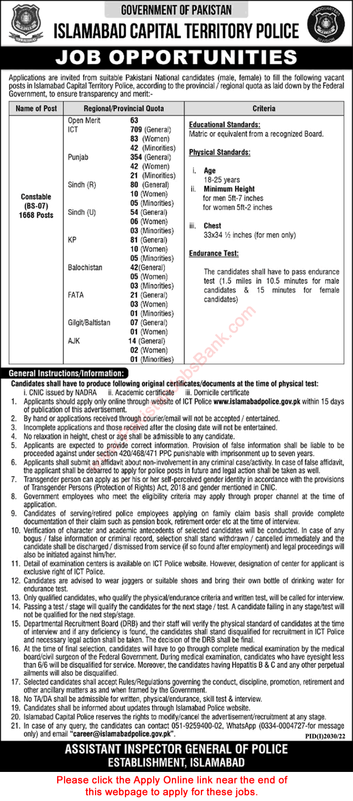 Constable Jobs in Islamabad Police October 2022 Apply Online Islamabad Capital Territory Latest