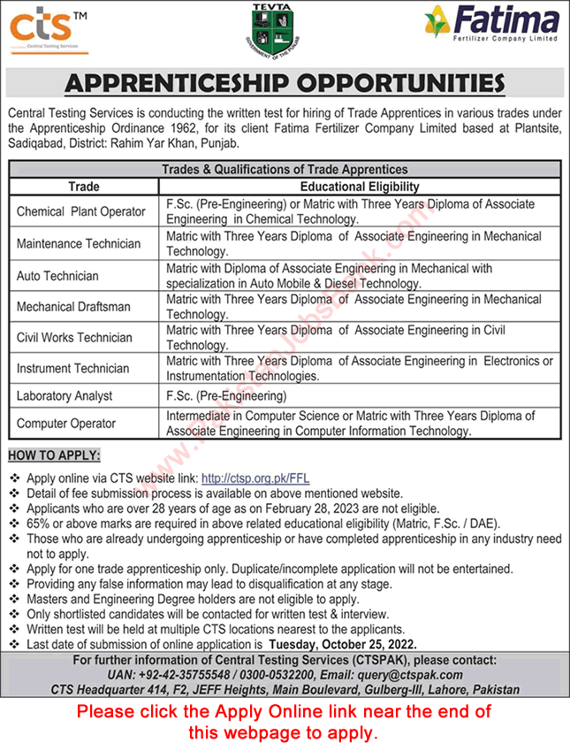 Fatima Fertilizer Company Limited Rahim Yar Khan Apprenticeships October 2022 CTS Online Apply TEVTA Latest