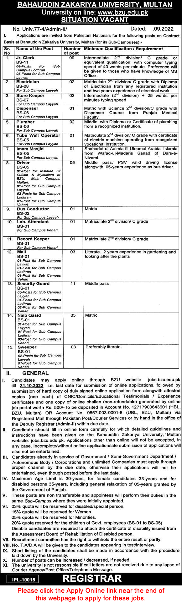 Bahauddin Zakariya University Multan Jobs October 2022 BZU Apply Online Security Guards & Others Latest