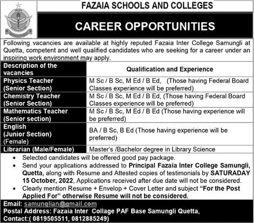 Fazaia Inter College Samungli Quetta Jobs October 2022 Teachers & Librarian Latest