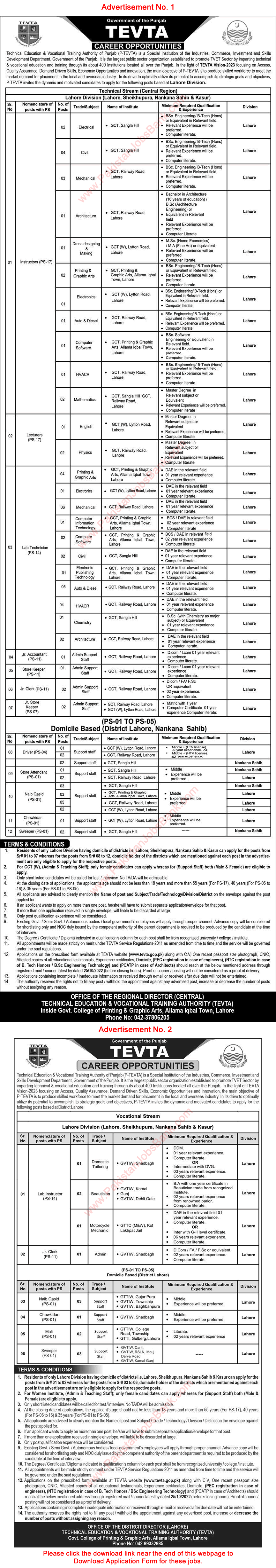 TEVTA Punjab Jobs October 2022 Application Form Technicians, Instructors & Others Latest