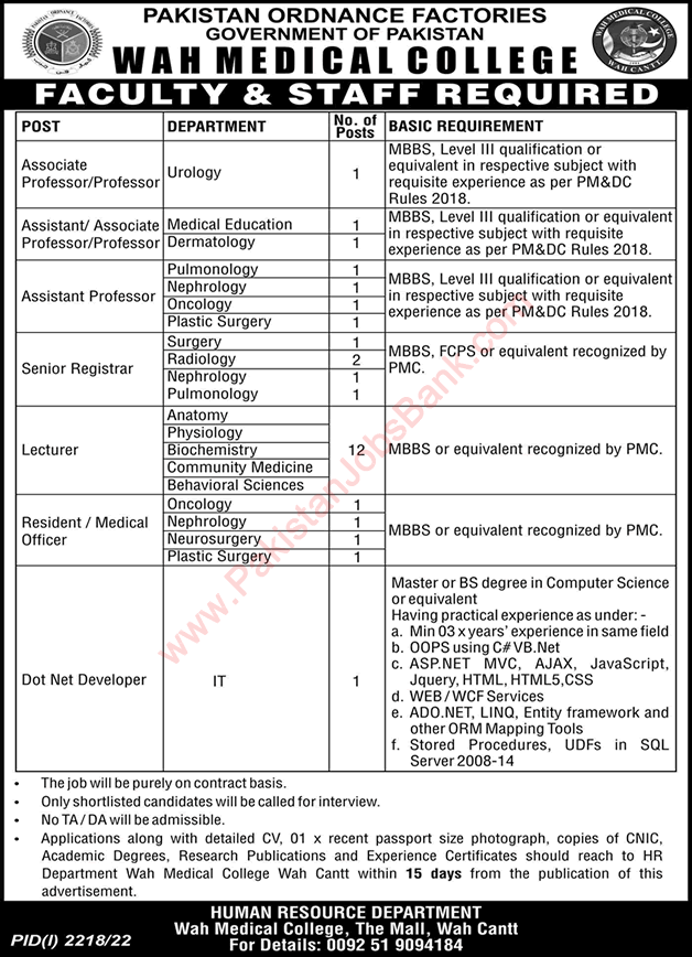 Wah Medical College Jobs 2022 October Teaching Faculty & Others Pakistan Ordnance Factories POF Latest