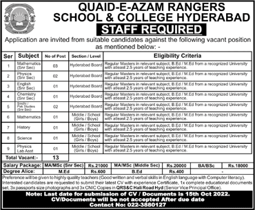 Quaid e Azam Rangers School and College Hyderabad Jobs 2022 October Teachers & Lab Assistant Latest