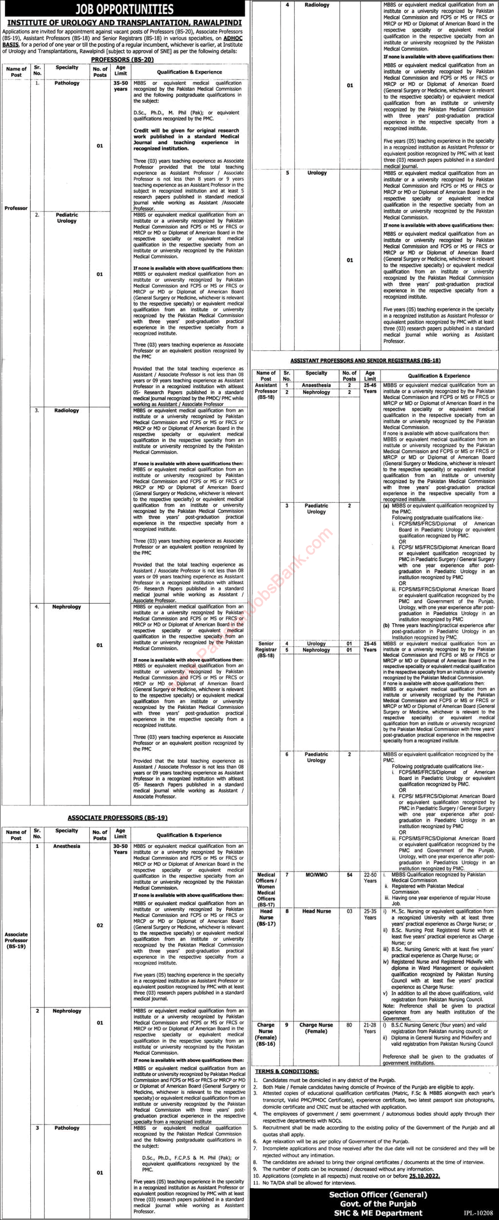 Institute of Urology and Transplantation Rawalpindi Jobs 2022 October Nurses, Medical Officers & Others Latest