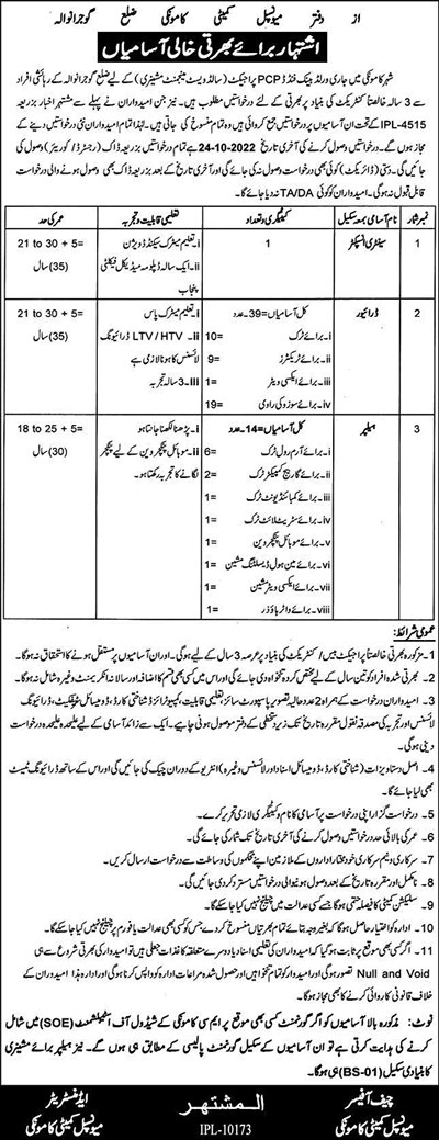 Municipal Committee Kamoke Gujranwala Jobs 2022 October Drivers, Helpers & Others Latest