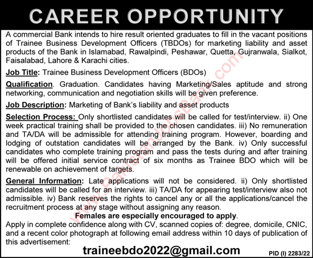 Trainee Business Development Officer Jobs in Pakistan 2022 October Commercial Bank Latest