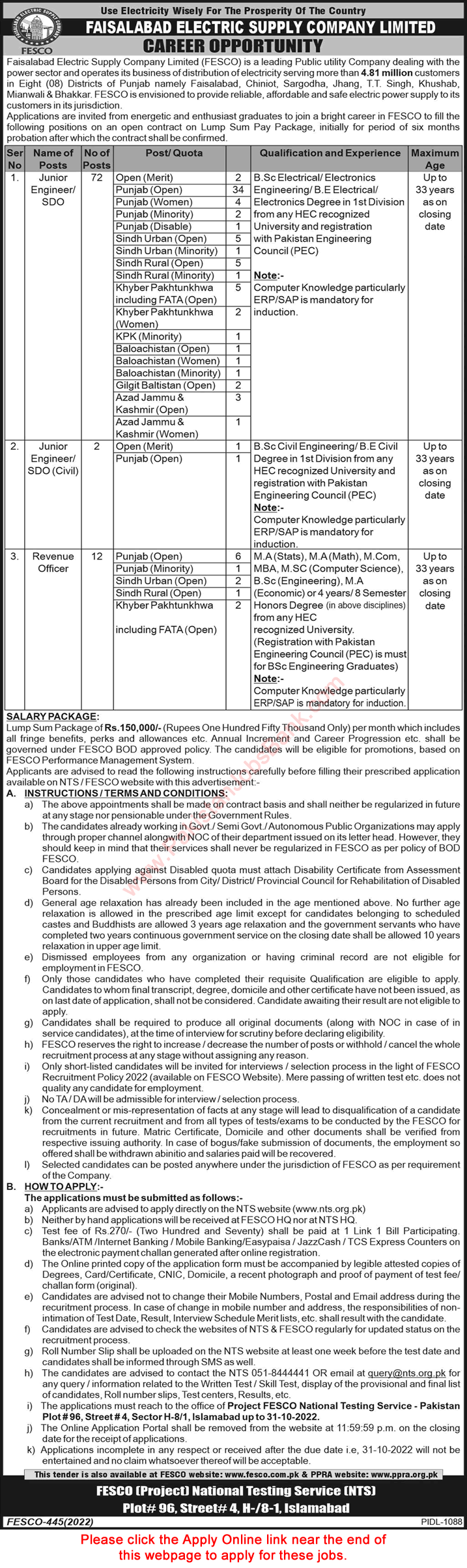 FESCO Jobs 2022 October NTS Apply Online WAPDA Junior Engineer SDO & Others Latest