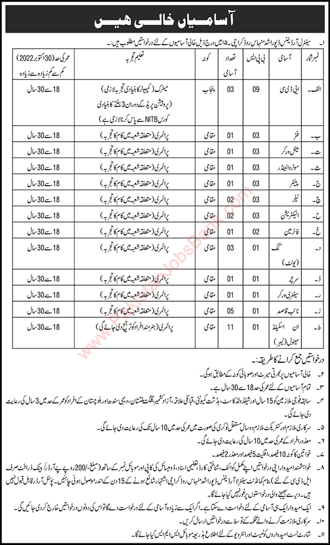 Central Ordnance Depot Karachi Jobs 2022 October COD USM Labors & Others Pak Army Latest