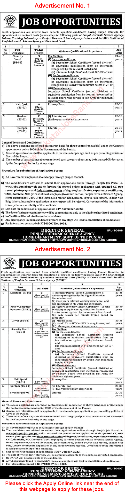 Punjab Forensic Science Agency Jobs October 2021 PFSA Apply Online Security Guards & Others Latest
