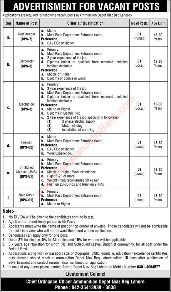 Ammunition Depot Niaz Baig Lahore Jobs 2022 October Pak Army Latest