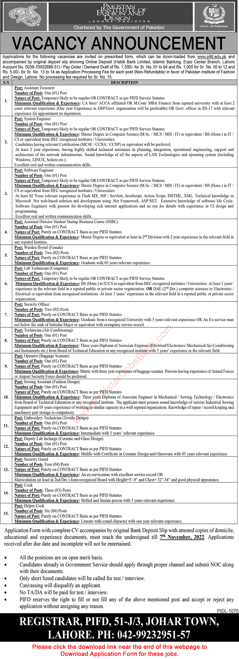 Pakistan Institute of Fashion and Design Lahore Jobs October 2022 PIFD Application Form Latest