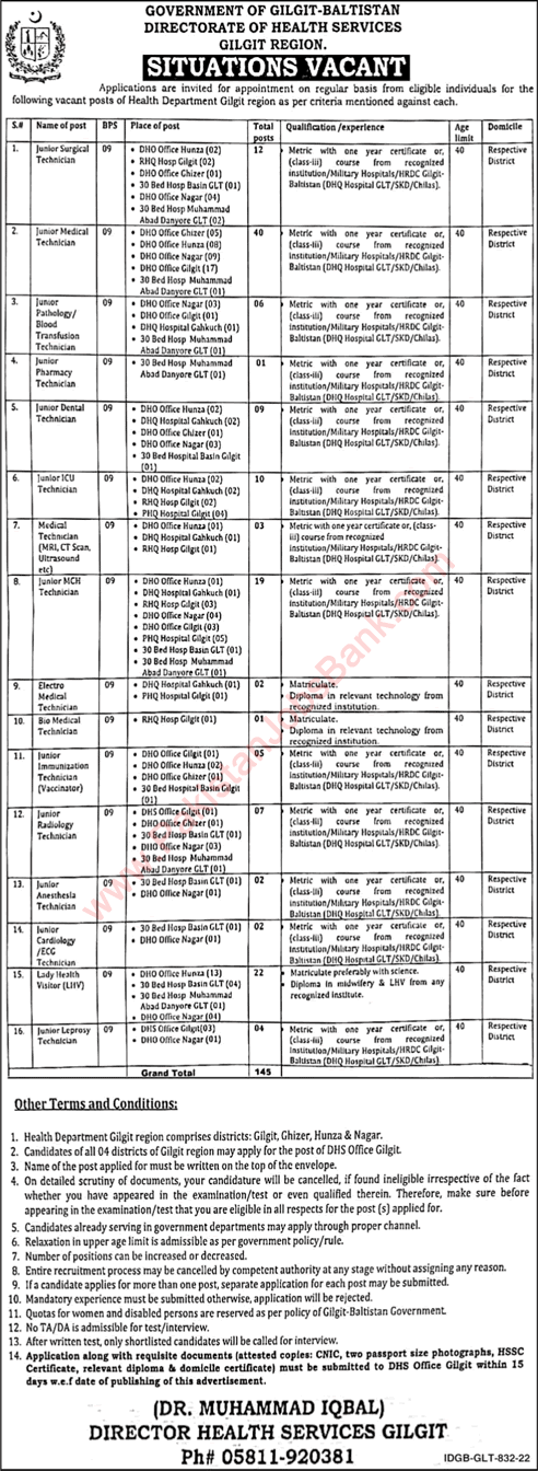 Health Department Gilgit Baltistan Jobs October 2022 Medical Technicians & Lady Health Visitors Latest