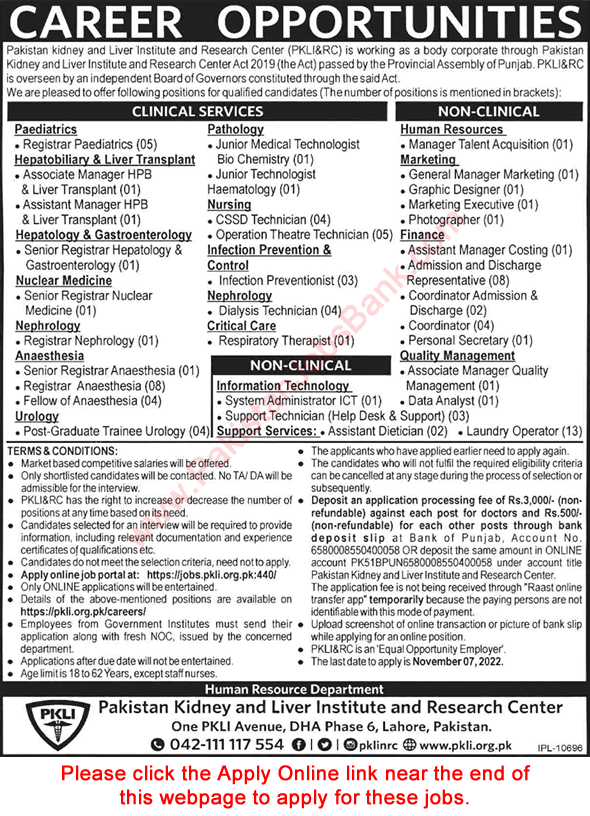 PKLI Lahore Jobs October 2022 PKLI&RC Online Apply Pakistan Kidney and Liver Institute and Research Center Latest