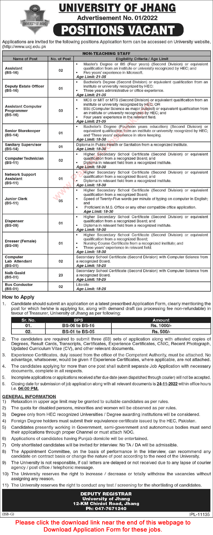 University of Jhang Jobs November 2022 Application Form Naib Qasid, Clerks & Others Latest