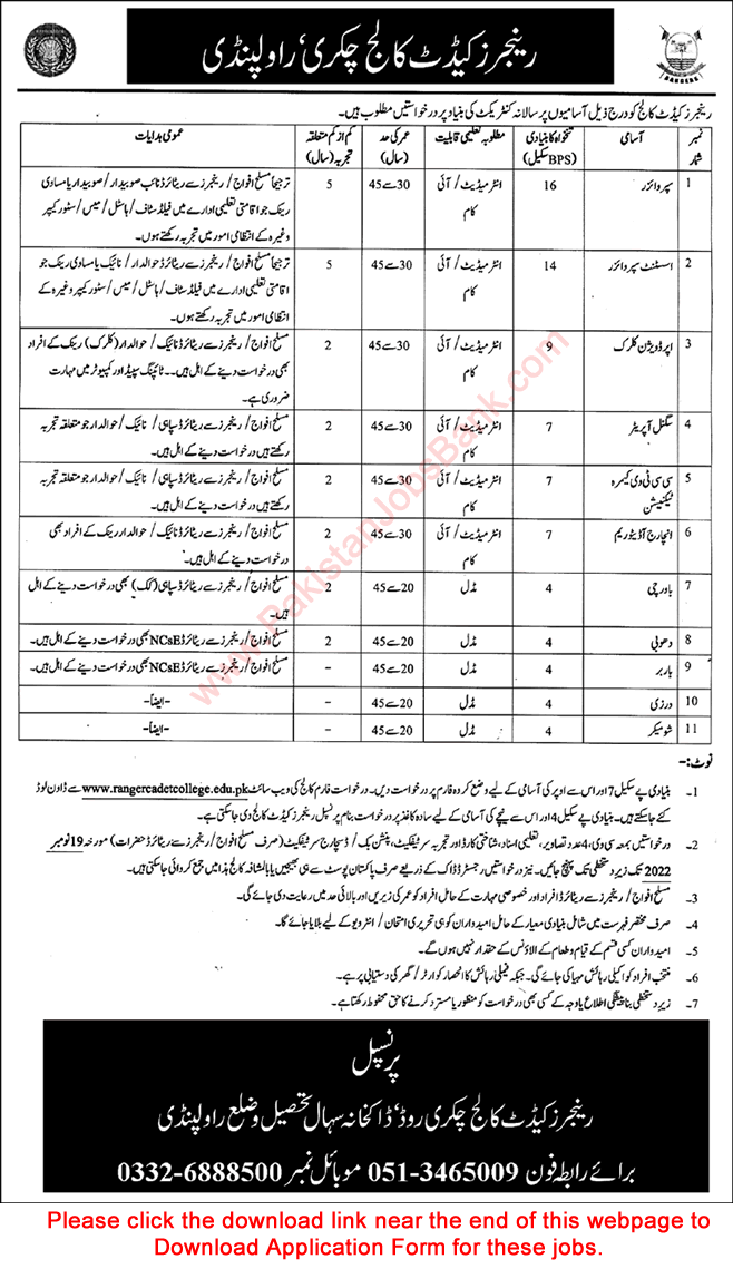 Rangers Cadet College Chakri Rawalpindi Jobs November 2022 Application Form Supervisors, Clerks & Others Latest