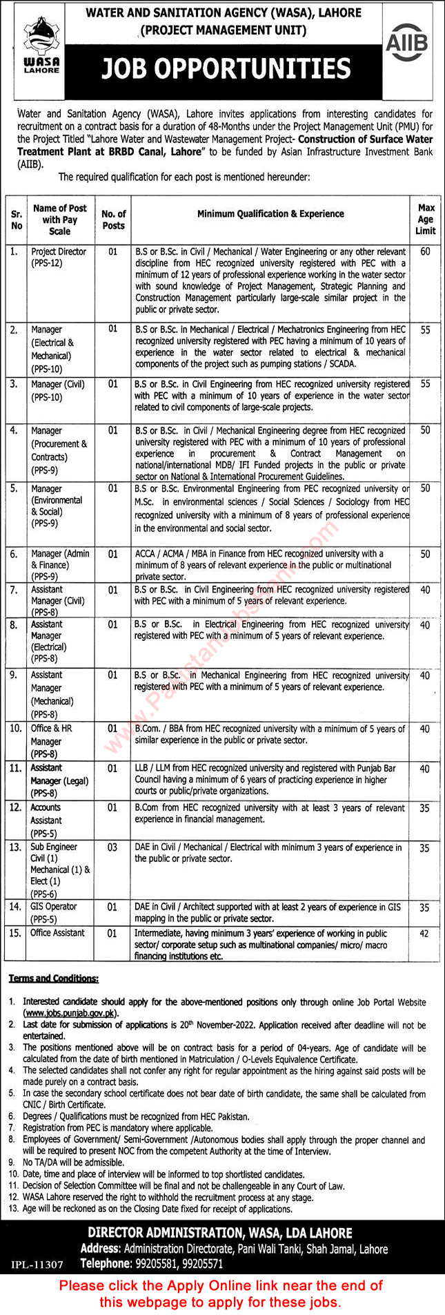 WASA Lahore Jobs November 2022 Apply Online Water and Sanitation Agency Assistant Managers & Others Latest