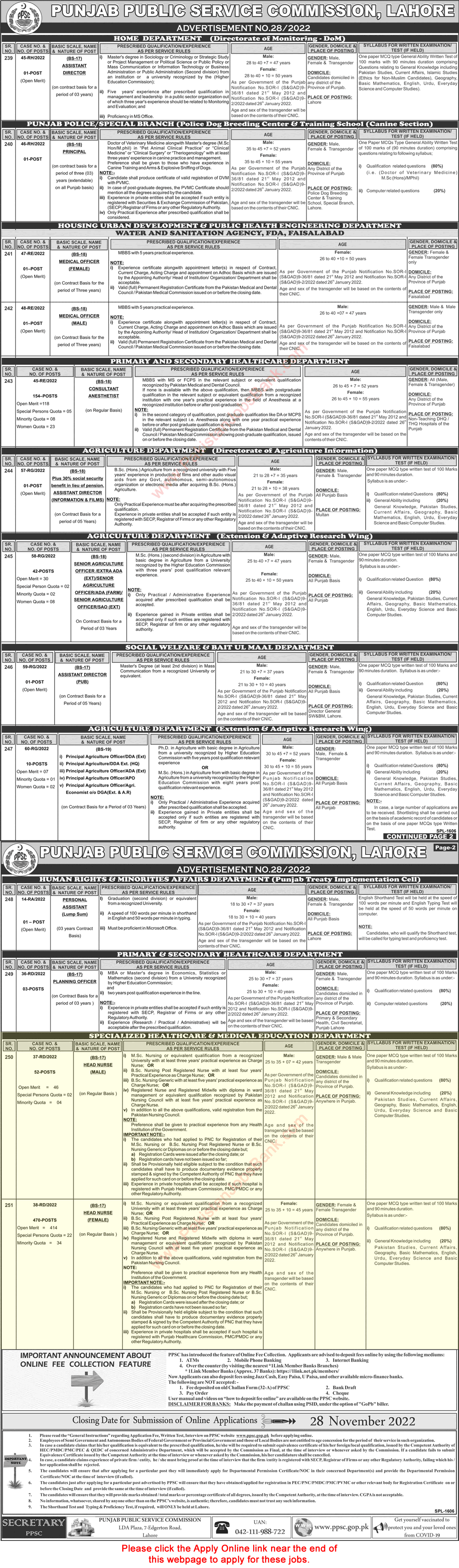 Head Nurse Jobs in Specialized Healthcare and Medical Education Department Punjab November 2022 PPSC Apply Online Latest