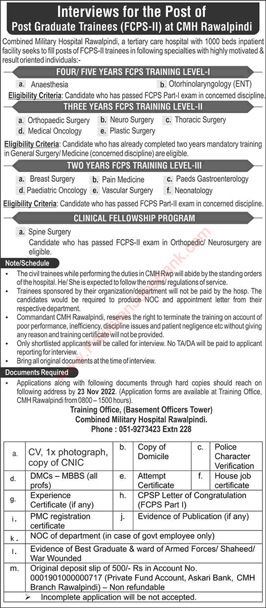 CMH Rawalpindi FCPS Postgraduate Trainee Jobs November 2022 Combined Military Hospital Latest