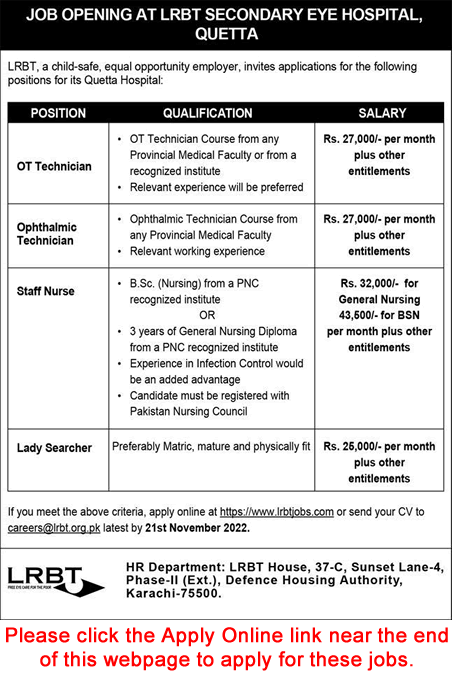 LRBT Secondary Eye Hospital Quetta Jobs November 2022 Apply Online Staff Nurses & Others Latest