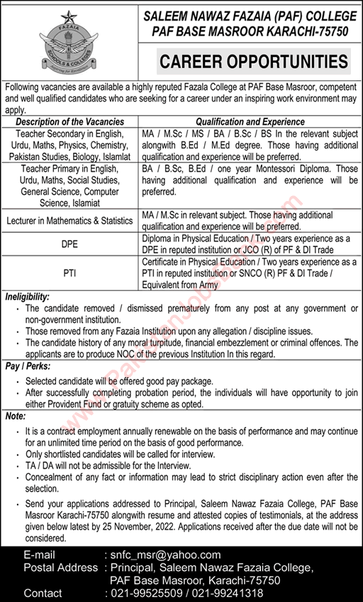 Saleem Nawaz Fazaia College Karachi Jobs 2022 November PAF Base Masroor Teachers & Others Latest