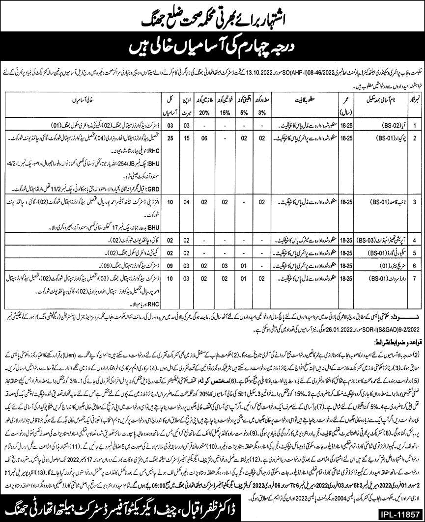 Health Department Jhang Jobs 2022 November Chowkidar, Naib Qasid, Ward Servants & Others Latest