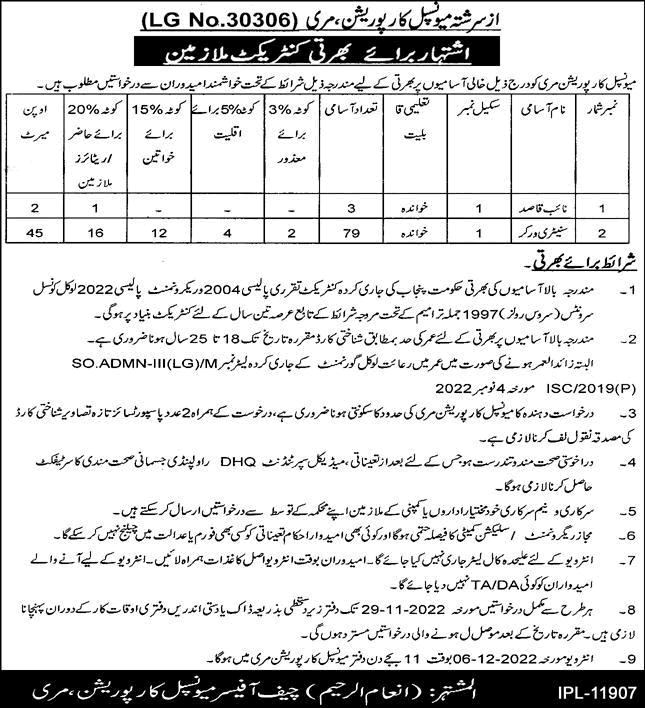 Municipal Corporation Murree Jobs 2022 November Sanitary Workers & Naib Qasid Latest