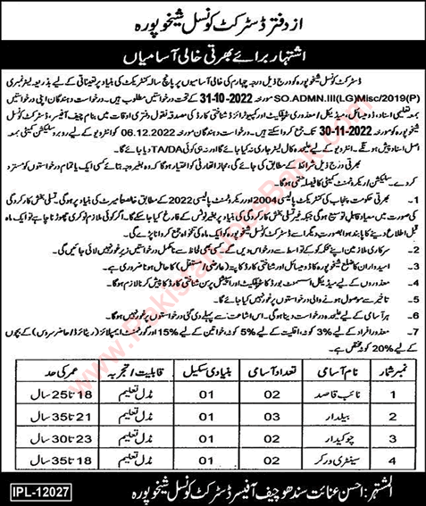 District Council Sheikhupura Jobs 2022 November Baildar, Chowkidar & Others Latest