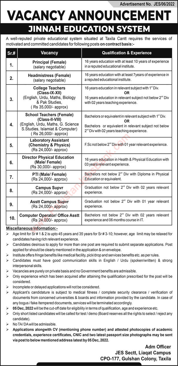 Jinnah Education System Taxila Jobs November 2022 Teachers, Lab Assistants & Others JES Latest