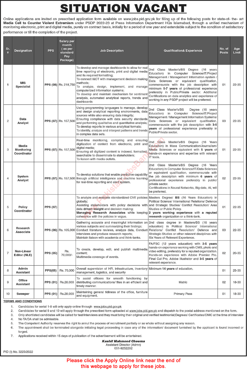 Press Information Department Jobs November 2022 PID Online Application Form Data Analysts & Others Latest