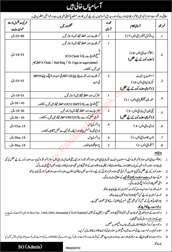 PO Box 1604 GPO Islamabad Jobs 2022 November Drivers, Naib Qasid & Others Latest