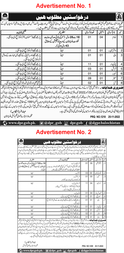 Services and General Administration Department Balochistan Jobs November 2022 December Chowkidar, Driver & Others Latest