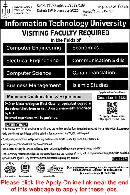 Visiting Faculty Jobs in Information Technology University Lahore November 2022 December Apply Online ITU Latest