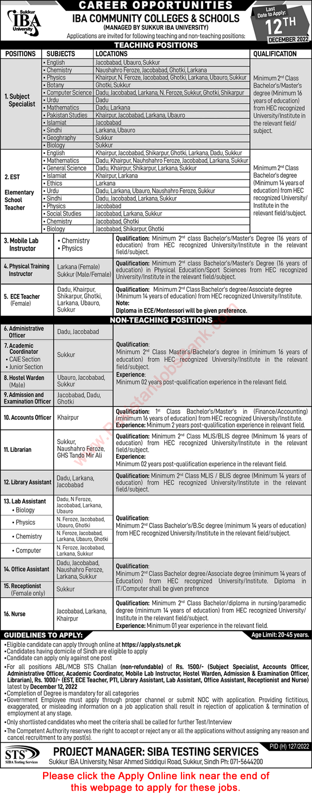 IBA Community Colleges and Schools Sindh Jobs November 2022 December Apply Online Sukkur IBA University Latest