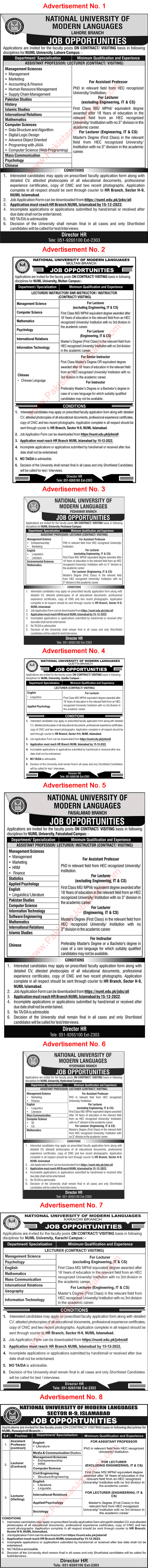 Teaching Faculty Jobs in NUML University December 2022 Application Form Latest