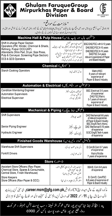 Ghulam Faruque Group Mirpurkhas Jobs December 2022 Paper Board Division Latest