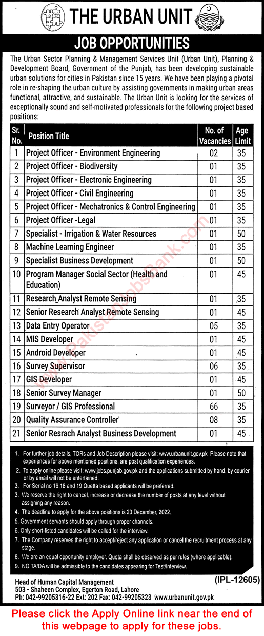 The Urban Unit Punjab Jobs December 2022 Online Apply GIS Professionals & Others Latest