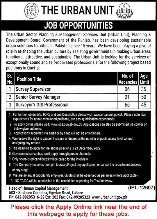 The Urban Unit Quetta Jobs December 2022 Online Apply Surveyors / GIS Professionals & Others Latest