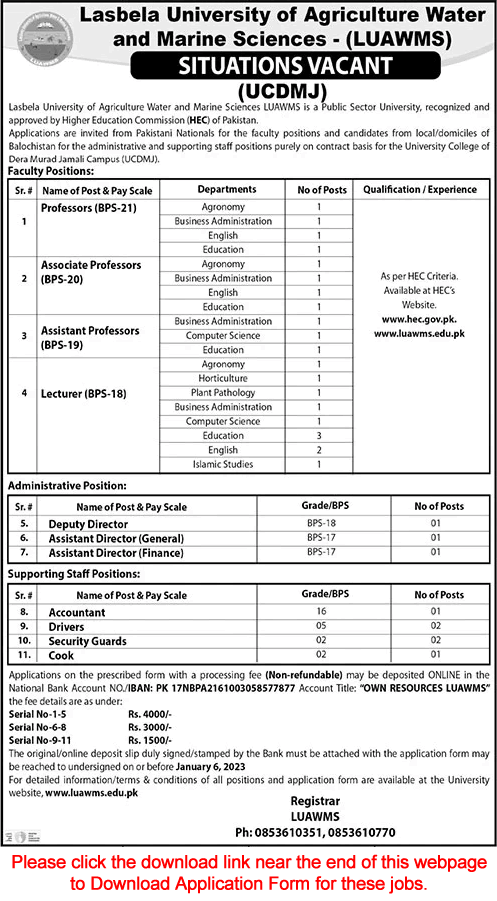 LUAWMS University College of Dera Murad Jamali Jobs 2022 December Application Form Teaching Faculty & Others Latest