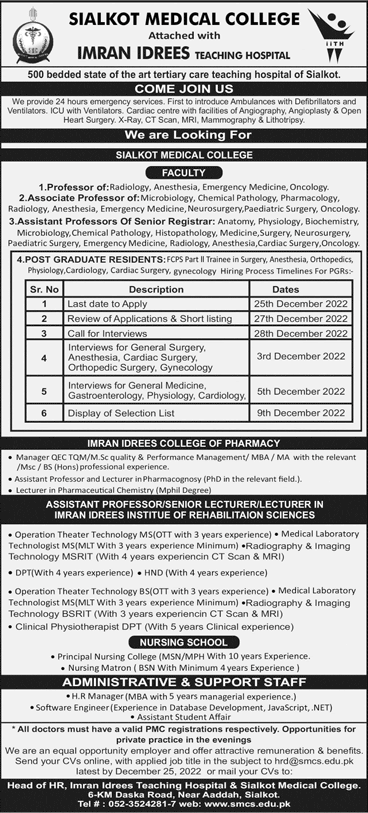 Sialkot Medical College Jobs December 2022 Teaching Faculty & Others Imran Idress Teaching Hospital Latest