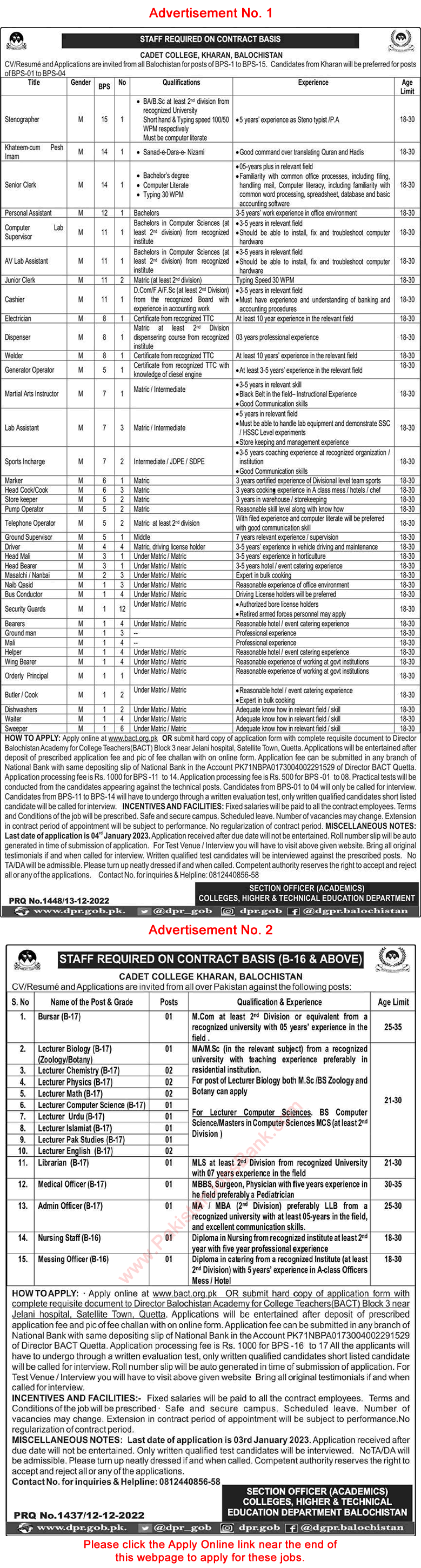 Cadet College Kharan Jobs 2022 December Lecturers, Security Guards & Others Latest