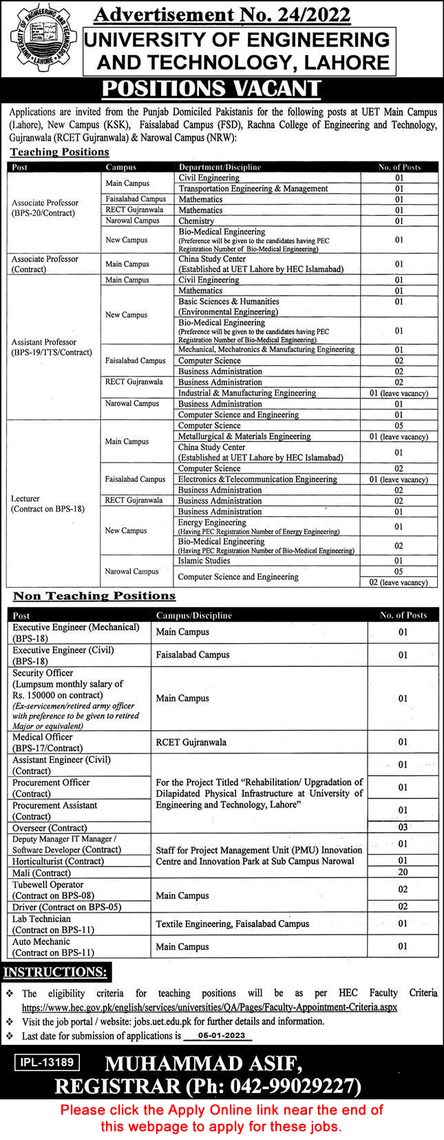UET Jobs December 2022 Apply Online Teaching Faculty & Others University of Engineering and Technology Latest