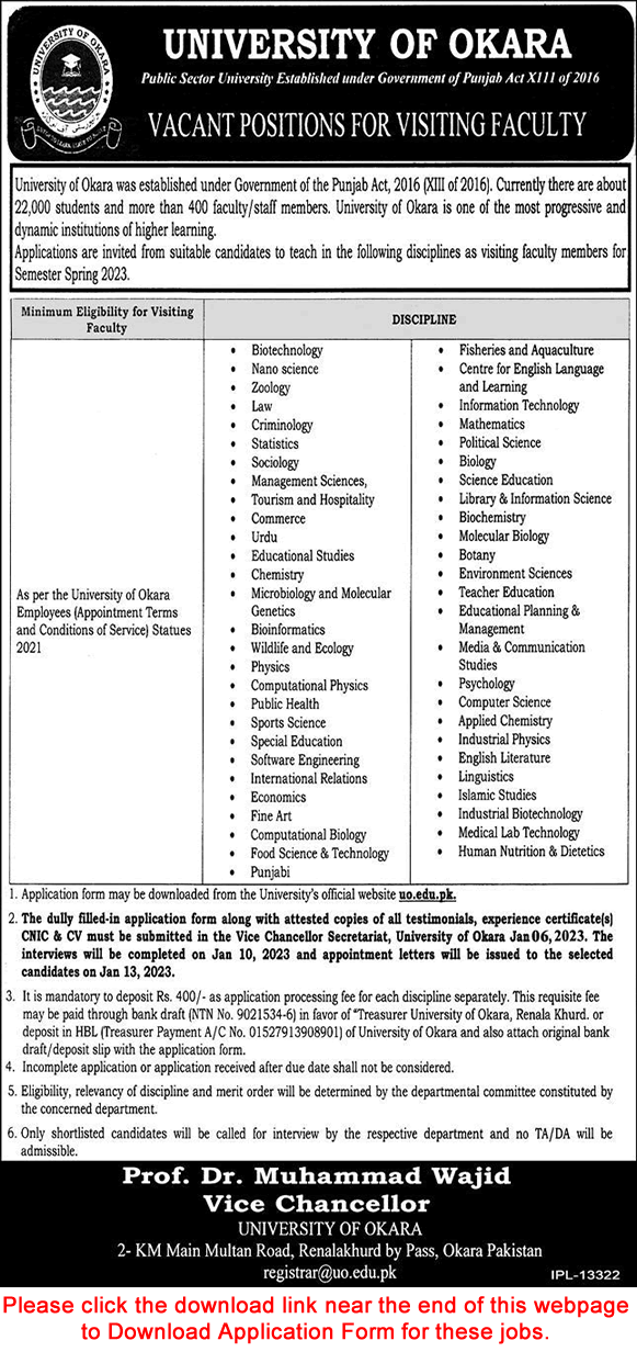 Teaching / Visiting Faculty Jobs in University of Okara December 2022 Application Form Latest