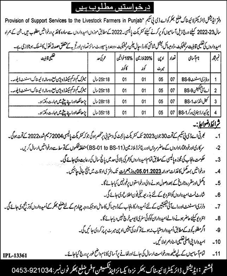 Livestock Department Bhakkar Jobs 2022 December Veterinary Assistants & Others Latest