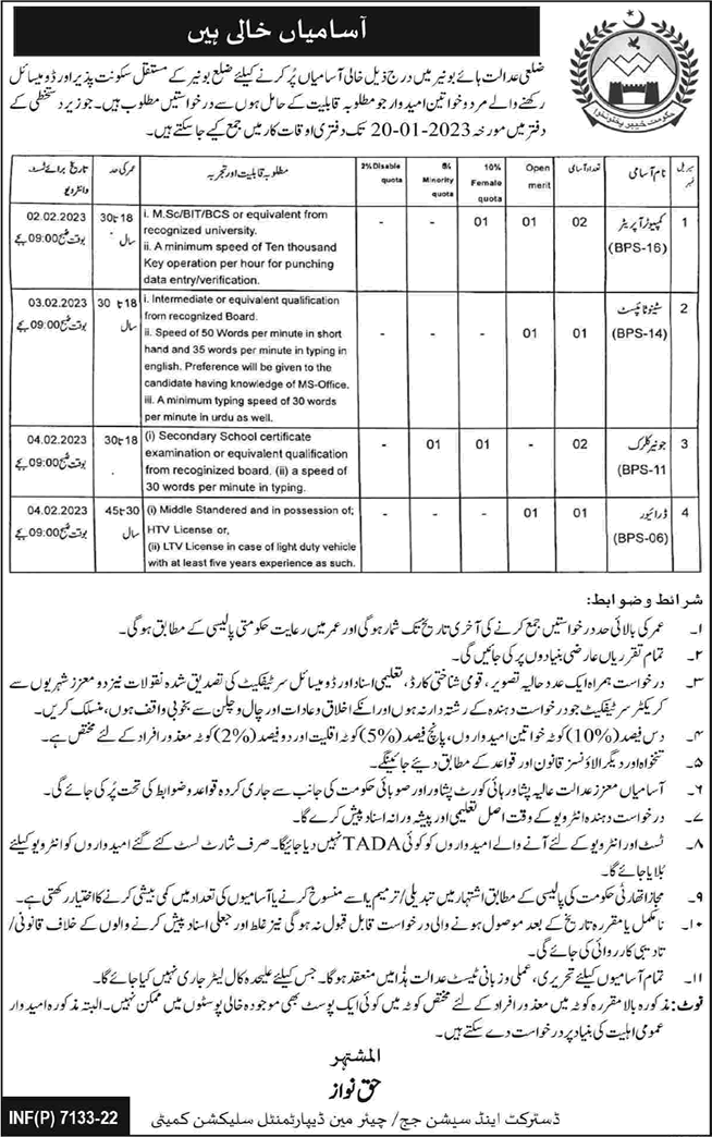 District and Session Court Buner Jobs 2022 December Computer Operators & Others Latest
