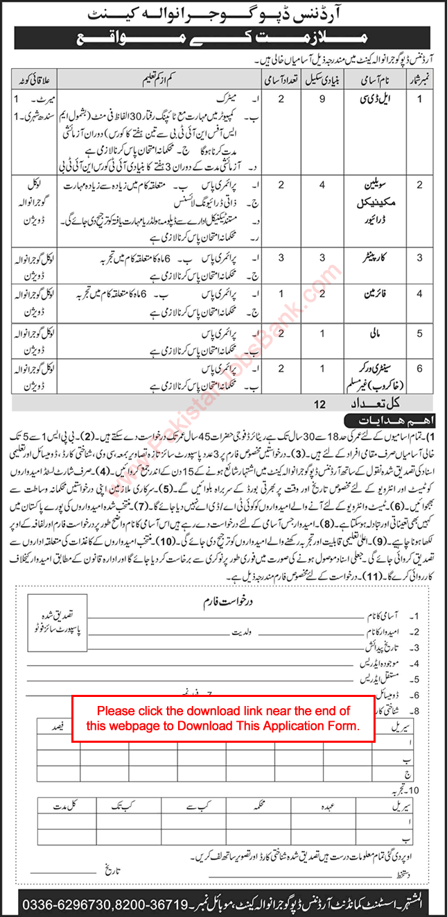 Ordnance Depot Gujranwala Jobs 2022 December Application Form Carpenters, Clerks & Others Latest