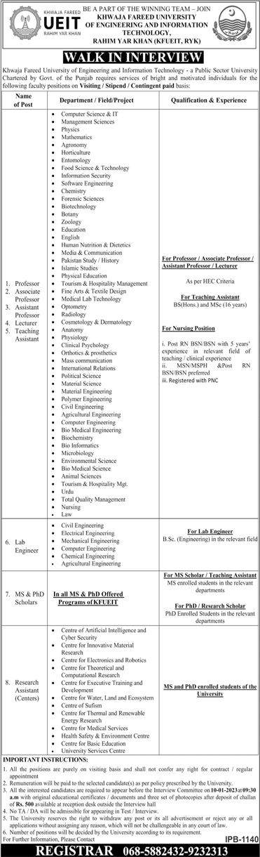 Khawaja Fareed University Rahim Yar Khan Jobs December 2022 KFUEIT Walk in Interview Teaching Faculty & Others