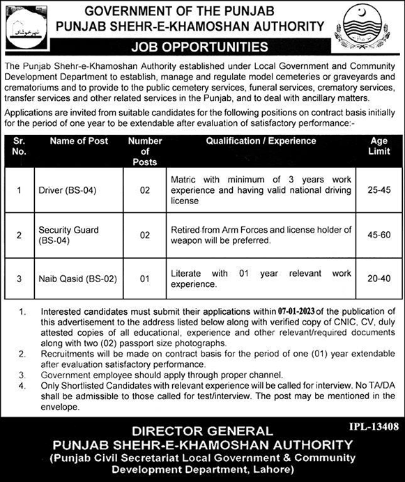 Punjab Shehr-e-Khamoshan Authority Lahore Jobs December 2022 Drivers & Others Latest